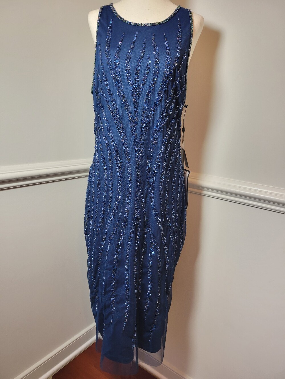 Adrianna Papell 16 NWT Blue Beaded Sequin Formal Cocktail Wedding Dress
